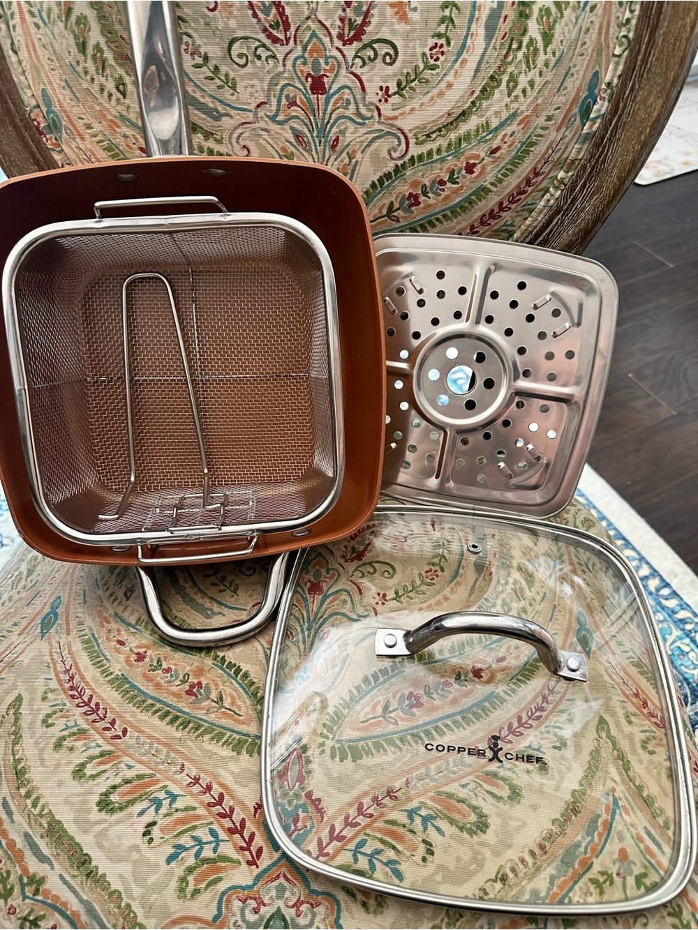 Copper Chef 9.5" Square Fry Pan, Lid, Fry Basket, Steam Rack, USED ONCE EUC